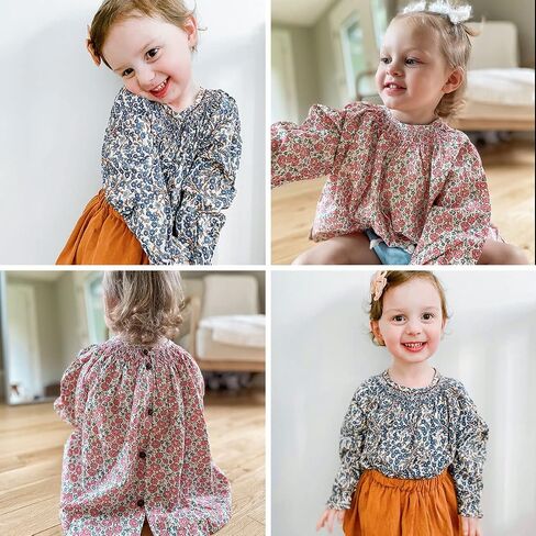 Curipeer Baby Girl Floral Blouse Peter Pan Collar Long Sleeve Smocked Tops for Toddler Girls in Saudi Arabia