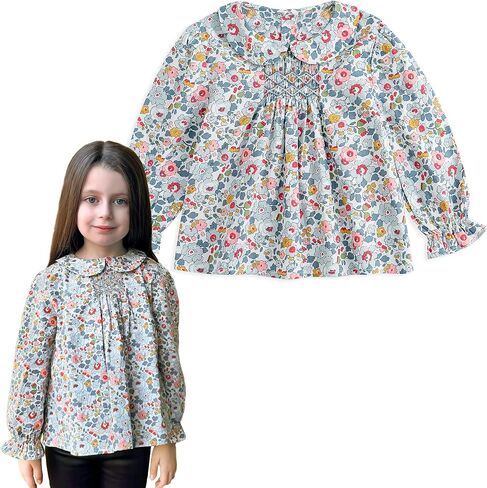 Curipeer Baby Girl Floral Blouse Peter Pan Collar Long Sleeve Smocked Tops for Toddler Girls in Saudi Arabia