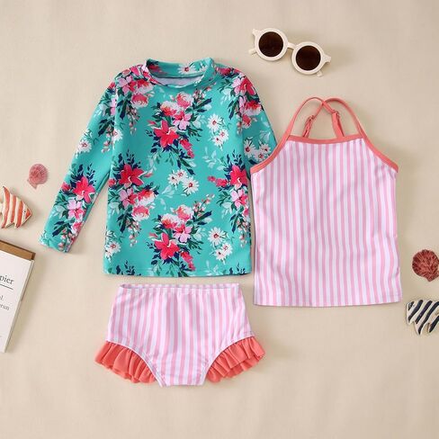 Ritatte Toddler Baby Girl 3-Piece Swimsuits Set Long Sleeve Rash Guard Bathing Suit Bikini Set Watermelon Flower Swimwear in Saudi Arabia