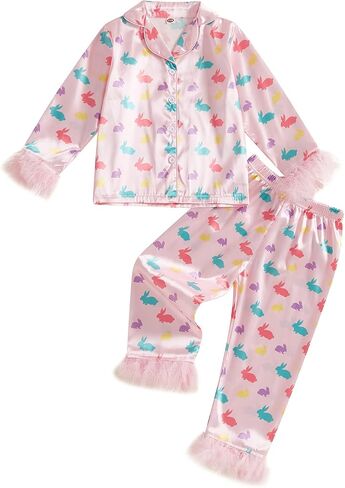Easter PJS Girls Toddler Kids Kids Bunny Pajamas Feather Trim Satin Sleepwear Liegown Button Down Jammies Set in Kuwait