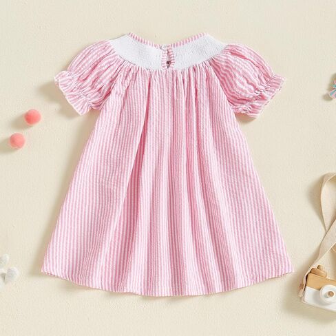 Toddler Little Baby Girl Summer Outfit Smocked Dress Puff Short Sleeve Stripes Dresses Kids Boutique Clothing in Kuwait