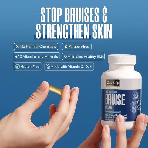 ZAX'S ORIGINAL Bruise Vitamin Pharmacist Developed Bruising Supplements Potent Bruising Swelling Reducer, Zinc, Vitamin K, D3, Ascorbic Acid, Citrus Bioflavonoids, 60 Caps, Combine Arnica Bruise Cream in Saudi Arabia