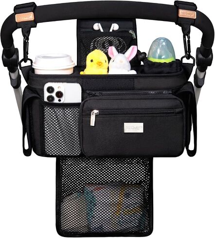 TopDesign Universal Baby Stroller ، Caddy Caddy مع حقيبة شبكية قابلة للفصل وحاملات الكأس المعزولة المرتفعة وملحقات السنانير الآمنة غير المنقولة ، تناسب معظم عربات العربات (أسود) in Kuwait