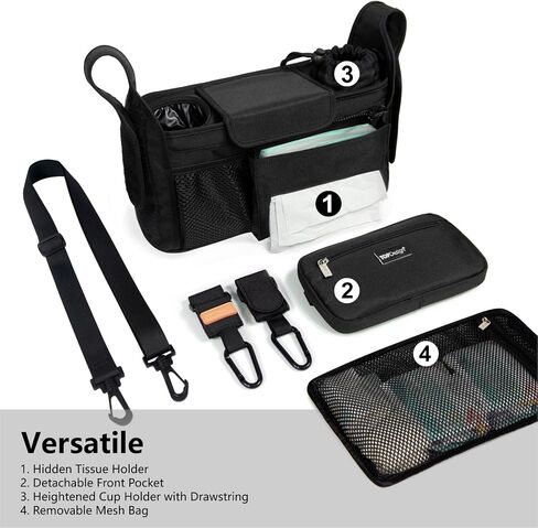 TopDesign Universal Baby Stroller ، Caddy Caddy مع حقيبة شبكية قابلة للفصل وحاملات الكأس المعزولة المرتفعة وملحقات السنانير الآمنة غير المنقولة ، تناسب معظم عربات العربات (أسود) in Kuwait