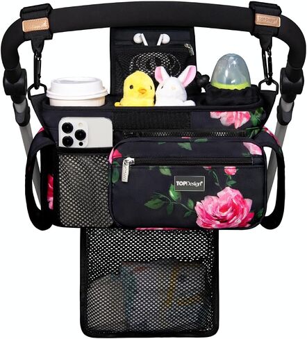 TopDesign Universal Baby Stroller ، Caddy Caddy مع حقيبة شبكية قابلة للفصل وحاملات الكأس المعزولة المرتفعة وملحقات السنانير الآمنة غير المنقولة ، تناسب معظم عربات العربات (أسود) in Kuwait