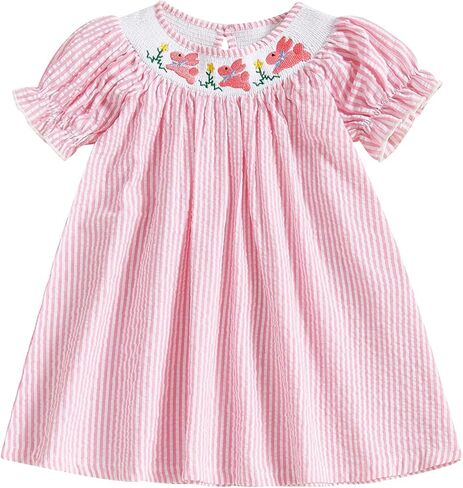 Baby Girl Easter Outfit Rabbit Smocked Romper Onesie Striped Dress | Rabbit Embroidery Short Puff Sleeves Bubble Romper Bunny Bodysuit Jumpsuit Cute Toddler Spring Summer Clothes in Saudi Arabia