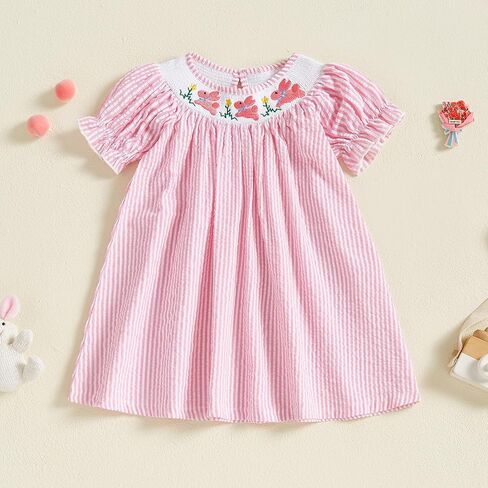 Baby Girl Easter Outfit Rabbit Smocked Romper Onesie Striped Dress | Rabbit Embroidery Short Puff Sleeves Bubble Romper Bunny Bodysuit Jumpsuit Cute Toddler Spring Summer Clothes in Saudi Arabia
