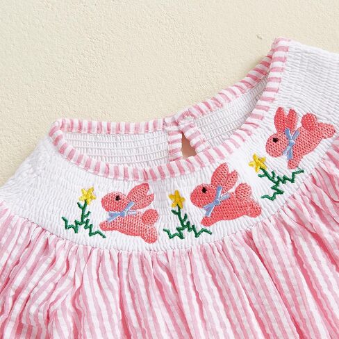 Baby Girl Easter Outfit Rabbit Smocked Romper Onesie Striped Dress | Rabbit Embroidery Short Puff Sleeves Bubble Romper Bunny Bodysuit Jumpsuit Cute Toddler Spring Summer Clothes in Saudi Arabia