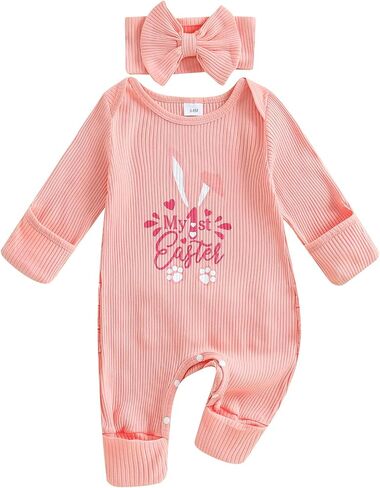 My First Easter Baby Girl Outfit Bunny Long Sleeve Romper Jumpsuit Onesie Easter Newborn Girl Outfits Clothes in Kuwait