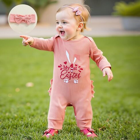 My First Easter Baby Girl Outfit Bunny Long Sleeve Romper Jumpsuit Onesie Easter Newborn Girl Outfits Clothes in Kuwait