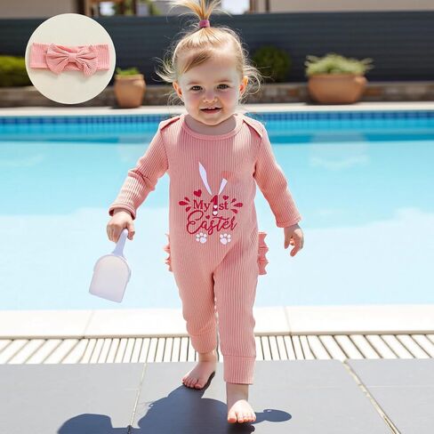 My First Easter Baby Girl Outfit Bunny Long Sleeve Romper Jumpsuit Onesie Easter Newborn Girl Outfits Clothes in Kuwait