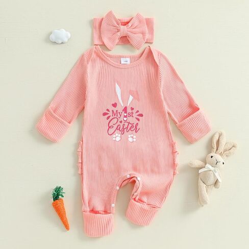 My First Easter Baby Girl Outfit Bunny Long Sleeve Romper Jumpsuit Onesie Easter Newborn Girl Outfits Clothes in Kuwait