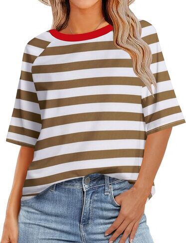 Zeagoo Womens T Shirts Summer Casual Oversized Crewneck Loose Fit Short Sleeve Striped Tops Fashion Comfy Basic Tee Blouses in Saudi Arabia