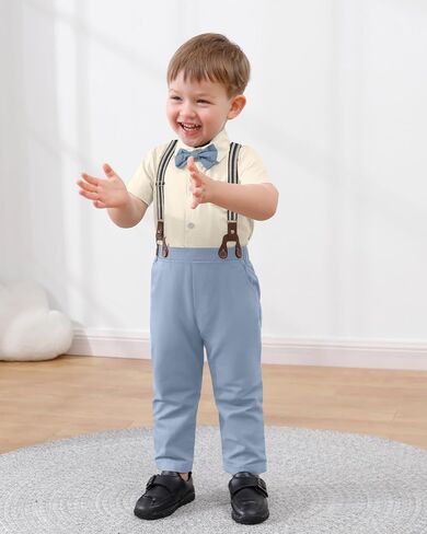 Disaur Toddler Boys شبه الرسمي الزي الرسمي 3pcs مجموعات القميص قصير القميص السراويل التعادل القوس لمدة 1-5 سنوات in Kuwait