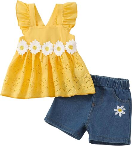 XUANHAO Baby Girl Clothes Toddler Girls Summer Outfits Infant Girls' Clothing Cute Ruffle Tops Daisy Shorts Sets 9M-3T in Saudi Arabia