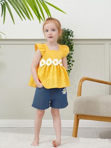 XUANHAO Baby Girl Clothes Toddler Girls Summer Outfits Infant Girls' Clothing Cute Ruffle Tops Daisy Shorts Sets 9M-3T in Saudi Arabia