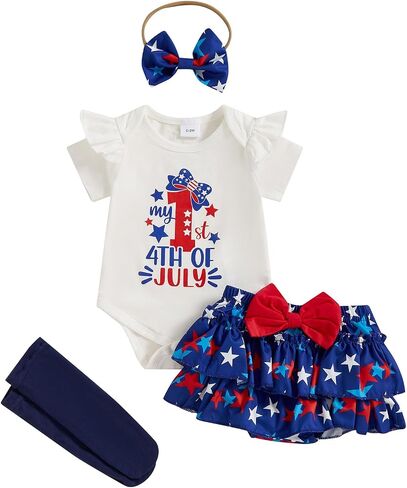 Kuriozud My First 4th of July Outfit Baby Girl Romper Onesie Bodysuit+Ruffle Tutu Shorts Bloomer 1st Fourth of July Clothes in Saudi Arabia