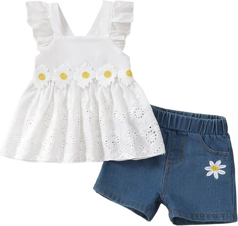 XUANHAO Baby Girl Clothes Toddler Girls Summer Outfits Infant Girls' Clothing Cute Ruffle Tops Daisy Shorts Sets 9M-3T in Saudi Arabia