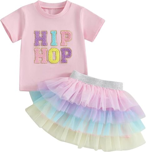 Kids Toddler Baby Girl Easter Outfits Letter Short Sleeve T-Shirt Tops Layered Tulle Tutu Skirt Set Summer Outfit in Saudi Arabia