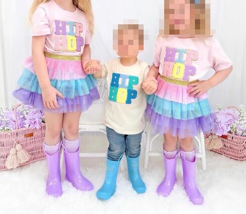 Kids Toddler Baby Girl Easter Outfits Letter Short Sleeve T-Shirt Tops Layered Tulle Tutu Skirt Set Summer Outfit in Saudi Arabia