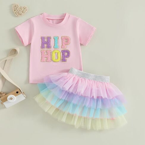 Kids Toddler Baby Girl Easter Outfits Letter Short Sleeve T-Shirt Tops Layered Tulle Tutu Skirt Set Summer Outfit in Saudi Arabia