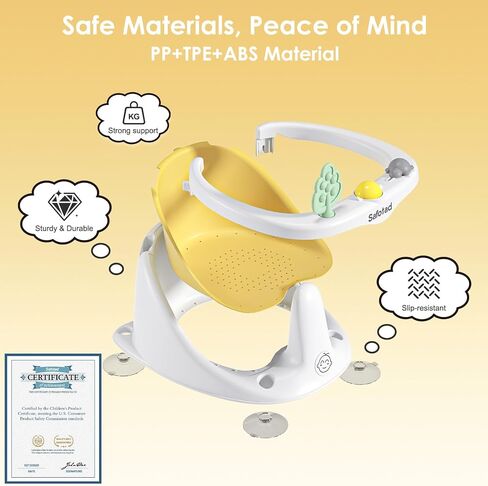 Baby Bath Seat with Suction Cups, Non-Slip Toddler Safety Bath Tub Chair with Soft Cushion, Lightweight & Easy to Clean Sit Up Bath Seat for Baby Bathing (6 to 18 Months), Yellow in Saudi Arabia