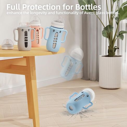 3 Pack Sleeves for Avent Baby Bottle, BPA Free Silicone Sleeves with Handles for Avent Natural Glass Baby Bottles, Anti Breakage Cover for Phillips Glass Avent Bottles (Pink+Blue+Grey, 4 Oz) in Kuwait