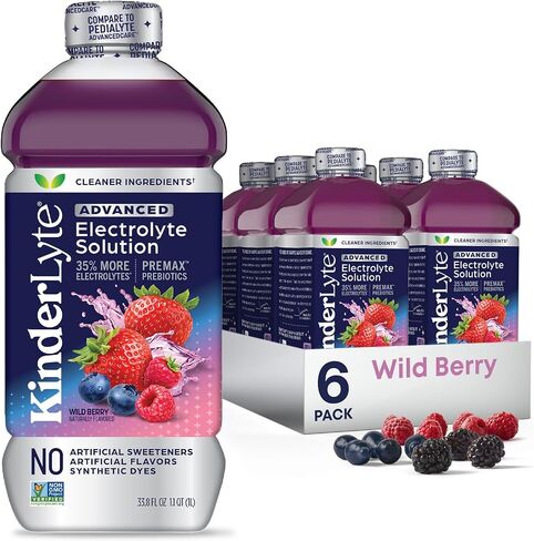 Kinderlyte Advanced Electrolyte Solution, 2X Faster Hydration vs. Water Alone, No Artificial Sweeteners or Flavors, No Synthetic Dyes, Wild Berry, for Kids and Adults, 33.8 fl oz (Pack of 6) in Kuwait