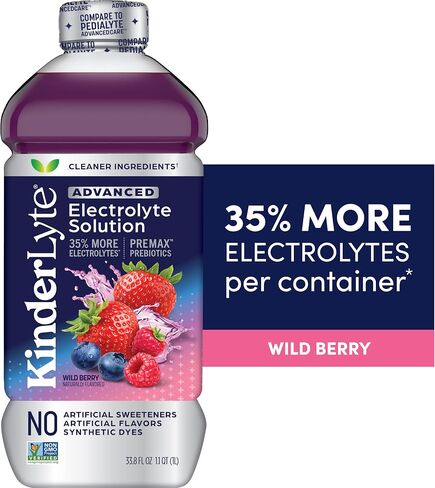 Kinderlyte Advanced Electrolyte Solution, 2X Faster Hydration vs. Water Alone, No Artificial Sweeteners or Flavors, No Synthetic Dyes, Wild Berry, for Kids and Adults, 33.8 fl oz (Pack of 6) in Kuwait