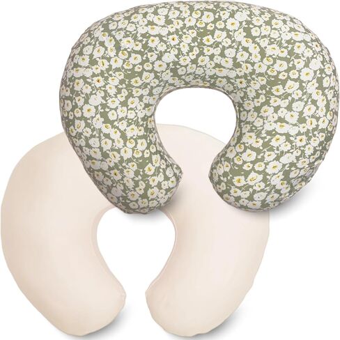 2 Pack Ultra Soft Nursing Pillow Covers for Baby Girl & Boy, Stretchy Boppy Compatible Cover for Breastfeeding Pillows, Easy to Use & Clean (Beige,Wild Floral) in Kuwait
