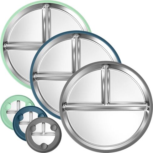 BUSOHA 3 Pack Stainless Steel Kids Plate with Suction - 9" Divided Toddler Baby Plates with Silicone Sleeves Non-Slip 2-in-1 Anti Breakage Metal Toddler Bowls Microwave Dishwasher Safe in Saudi Arabia