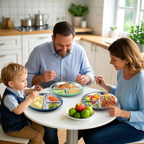 BUSOHA 3 Pack Stainless Steel Kids Plate with Suction - 9" Divided Toddler Baby Plates with Silicone Sleeves Non-Slip 2-in-1 Anti Breakage Metal Toddler Bowls Microwave Dishwasher Safe in Saudi Arabia