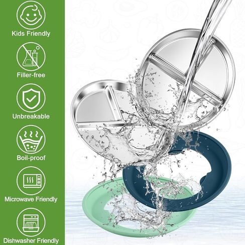 BUSOHA 3 Pack Stainless Steel Kids Plate with Suction - 9" Divided Toddler Baby Plates with Silicone Sleeves Non-Slip 2-in-1 Anti Breakage Metal Toddler Bowls Microwave Dishwasher Safe in Saudi Arabia