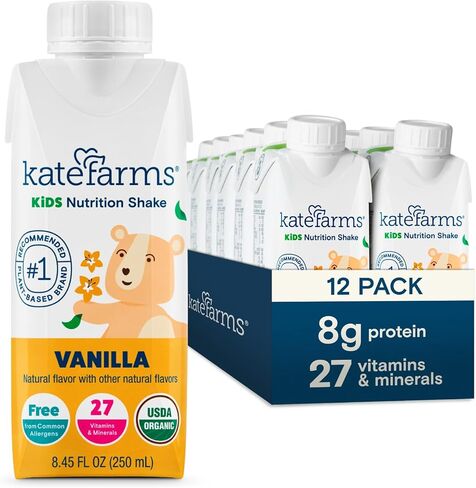 KATE FARMS Organic Kids Nutrition Shake, Vanilla, 8g of protein, 27 Vitamins and Minerals, Meal Replacement Drink, Protein Shake, Gluten Free, Non-GMO, 8.45 Fl oz (Pack of 12) in Saudi Arabia