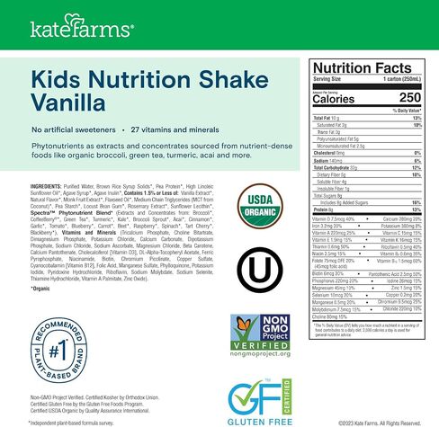 KATE FARMS Organic Kids Nutrition Shake, Vanilla, 8g of protein, 27 Vitamins and Minerals, Meal Replacement Drink, Protein Shake, Gluten Free, Non-GMO, 8.45 Fl oz (Pack of 12) in Saudi Arabia