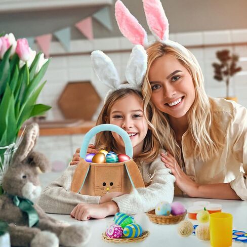 Easter Basket for Kids Empty - Bunny Easter Buckets with Rabbit Ears, Fluffy Easter Basket Tote Bags for Egg Hunts, Easter Gifts for Girls Boys in Saudi Arabia