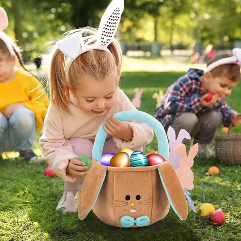 Easter Basket for Kids Empty - Bunny Easter Buckets with Rabbit Ears, Fluffy Easter Basket Tote Bags for Egg Hunts, Easter Gifts for Girls Boys in Saudi Arabia
