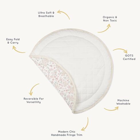 MakeMake Organics Organic Play Mat GOTS Certified Organic Cotton Nursery Floor Machine Washable Reversible Non Toxic Activity Mat Tummy Time Crawling Pad Thick Quilted (Round 48", Dotty + Solid Ivory) in Kuwait