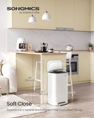 SONGMICS Kitchen Trash Can, 8-Gallon (30 L) Garbage Can with Lid, Stainless Steel, Soft Close and Stays Open, Inner Bucket, Wide Non-Slip Pedal, Cloud White ULTB546W01 in Kuwait