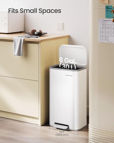 SONGMICS Kitchen Trash Can, 8-Gallon (30 L) Garbage Can with Lid, Stainless Steel, Soft Close and Stays Open, Inner Bucket, Wide Non-Slip Pedal, Cloud White ULTB546W01 in Kuwait