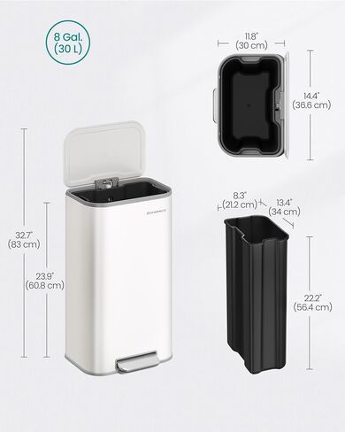 SONGMICS Kitchen Trash Can, 8-Gallon (30 L) Garbage Can with Lid, Stainless Steel, Soft Close and Stays Open, Inner Bucket, Wide Non-Slip Pedal, Cloud White ULTB546W01 in Kuwait
