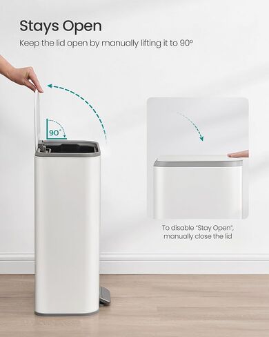 SONGMICS Kitchen Trash Can, 8-Gallon (30 L) Garbage Can with Lid, Stainless Steel, Soft Close and Stays Open, Inner Bucket, Wide Non-Slip Pedal, Cloud White ULTB546W01 in Kuwait