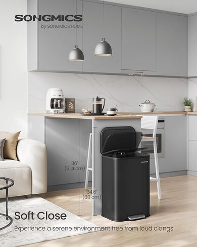 SONGMICS Kitchen Trash Can, 8-Gallon (30 L) Garbage Can with Lid, Stainless Steel, Soft Close and Stays Open, Inner Bucket, Wide Non-Slip Pedal, Cloud White ULTB546W01 in Kuwait