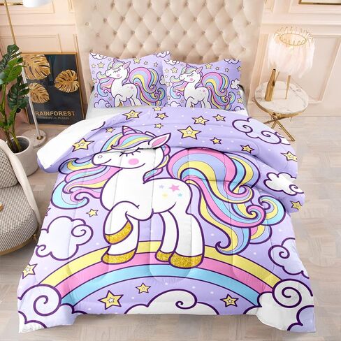 Axolotl Rainbow Unicorn Bedding Set Twin,Purple Unicorn Kids Comforter Sets with Stars Cloud for Girls,1 Quilt with 2 Pillowcases for Girls Kids Teens Children Adults Bedroom Decor All Season in Kuwait