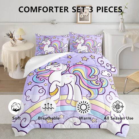Axolotl Rainbow Unicorn Bedding Set Twin,Purple Unicorn Kids Comforter Sets with Stars Cloud for Girls,1 Quilt with 2 Pillowcases for Girls Kids Teens Children Adults Bedroom Decor All Season in Kuwait