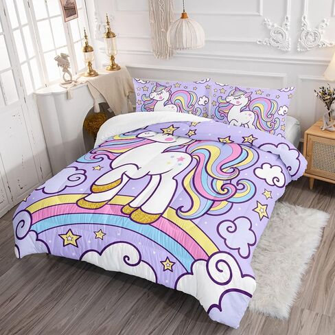 Axolotl Rainbow Unicorn Bedding Set Twin,Purple Unicorn Kids Comforter Sets with Stars Cloud for Girls,1 Quilt with 2 Pillowcases for Girls Kids Teens Children Adults Bedroom Decor All Season in Kuwait