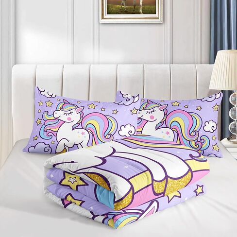 Axolotl Rainbow Unicorn Bedding Set Twin,Purple Unicorn Kids Comforter Sets with Stars Cloud for Girls,1 Quilt with 2 Pillowcases for Girls Kids Teens Children Adults Bedroom Decor All Season in Kuwait