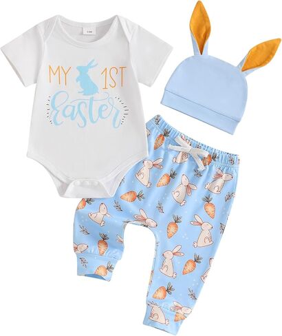 My 1st Easter Newborn Baby Boy Clothes Letter Rabbit Print Crewneck Romper Carrot Bunny Pants Set 3Pcs Spring Outfit in Kuwait
