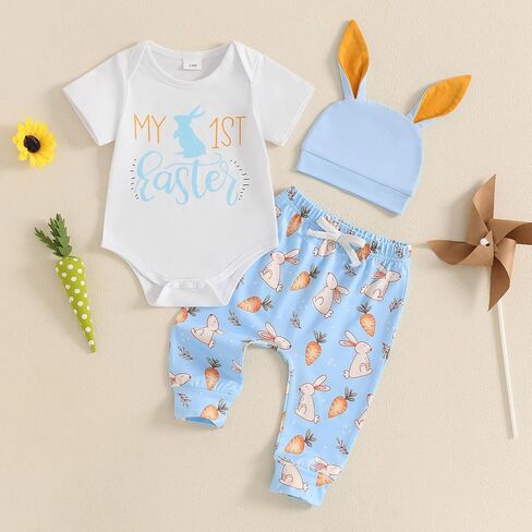 My 1st Easter Newborn Baby Boy Clothes Letter Rabbit Print Crewneck Romper Carrot Bunny Pants Set 3Pcs Spring Outfit in Kuwait