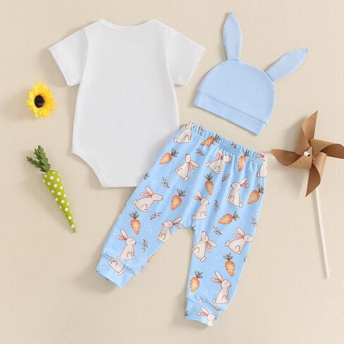 My 1st Easter Newborn Baby Boy Clothes Letter Rabbit Print Crewneck Romper Carrot Bunny Pants Set 3Pcs Spring Outfit in Kuwait